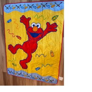 Sesame Street Elmo Toddler Comforter Blanket Yellow Crayon Art 42x58 Quilted